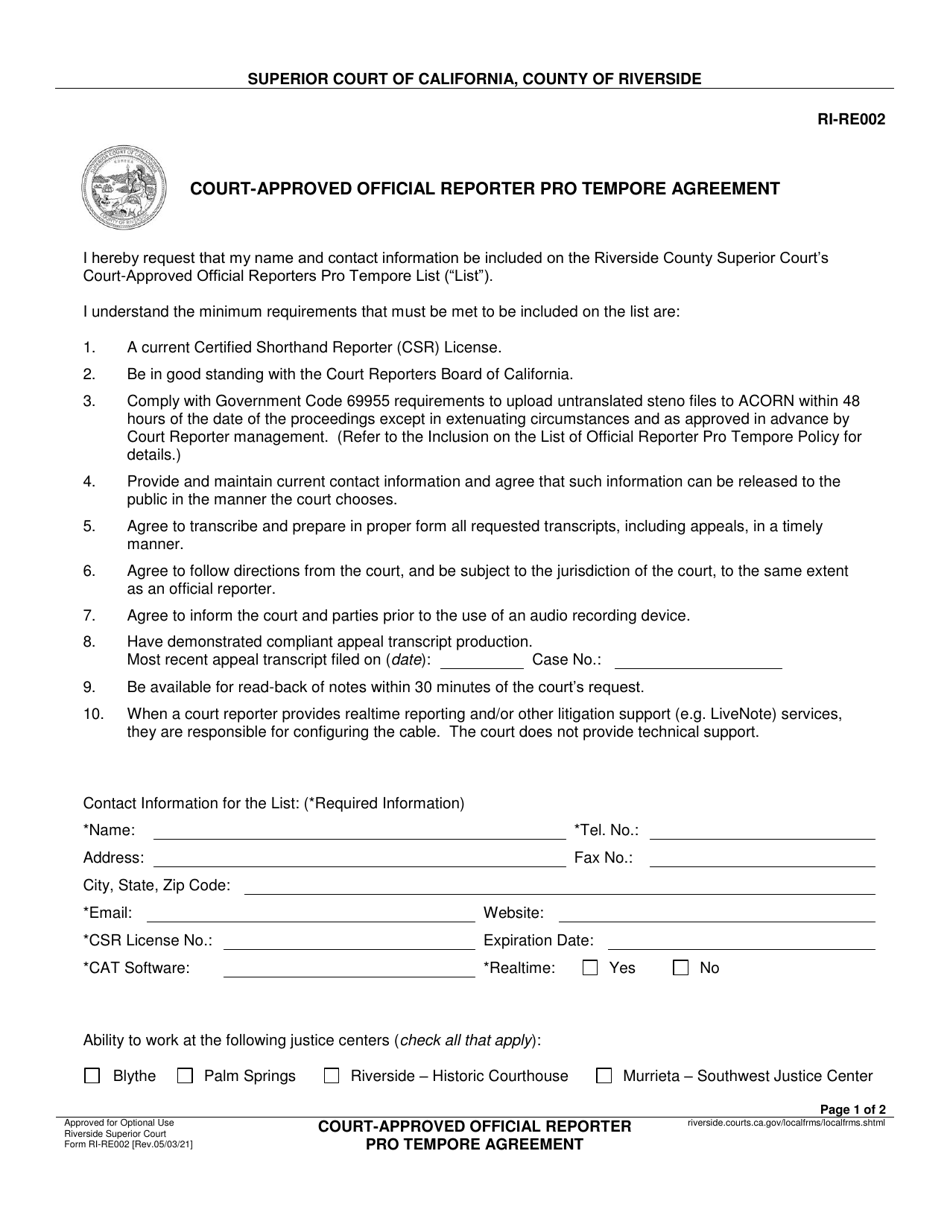 Form RI-RE002 Court-Approved Official Reporter Pro Tempore Agreement - County of Riverside, California, Page 1