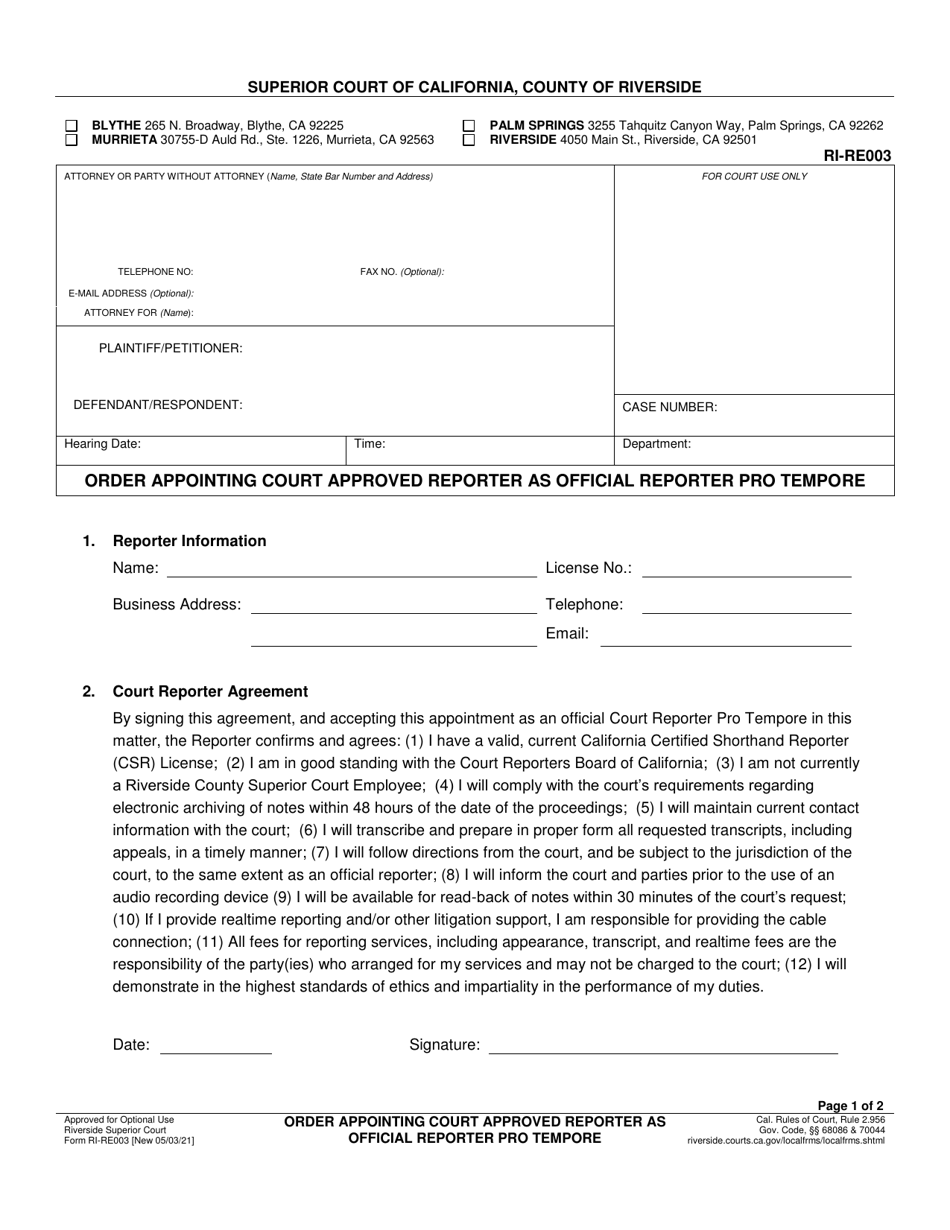 Form RI-RE003 Order Appointing Court Approved Reporter as Official Reporter Pro Tempore - County of Riverside, California, Page 1