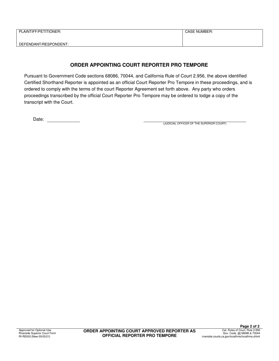 Form RI-RE003 Order Appointing Court Approved Reporter as Official Reporter Pro Tempore - County of Riverside, California, Page 2