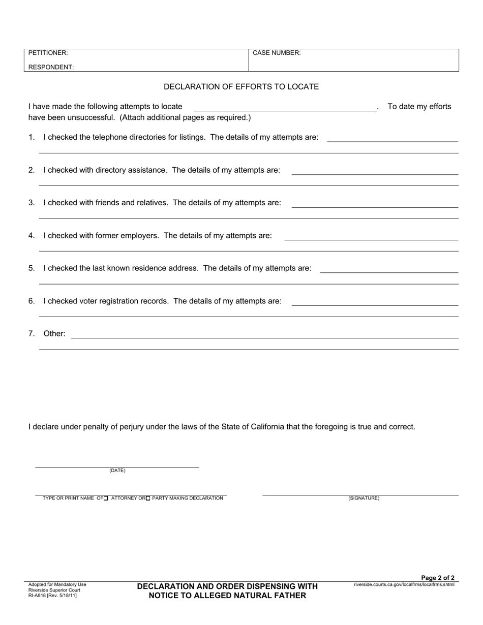 Form RI-A818 Declaration and Order Dispensing With Notice to Alleged Natural Father - County of Riverside, California, Page 2