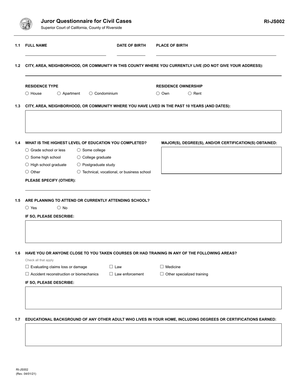 Form RI-JS002 Juror Questionnaire for Civil Cases - County of Riverside, California, Page 1