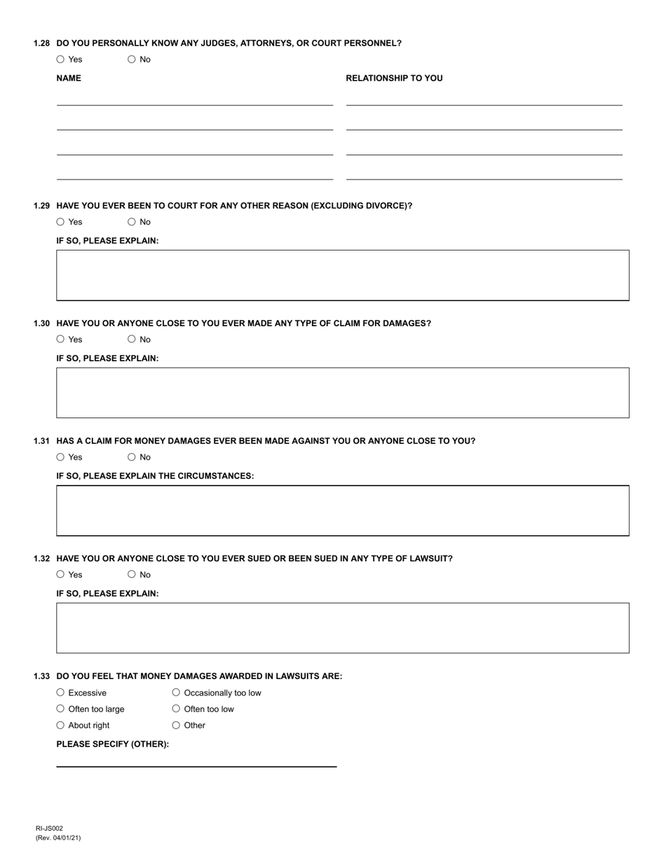 Form RI-JS002 Juror Questionnaire for Civil Cases - County of Riverside, California, Page 5