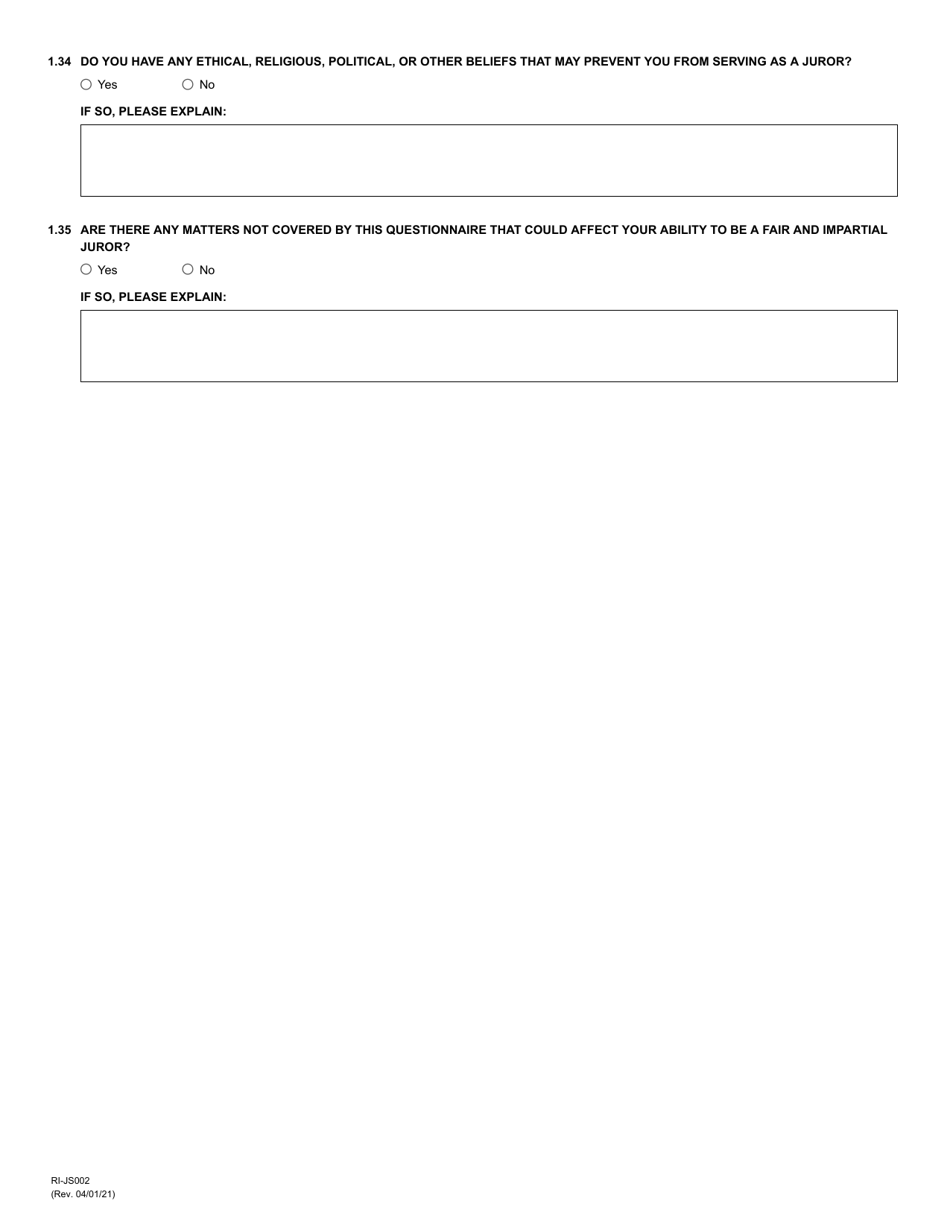 Form RI-JS002 Juror Questionnaire for Civil Cases - County of Riverside, California, Page 6