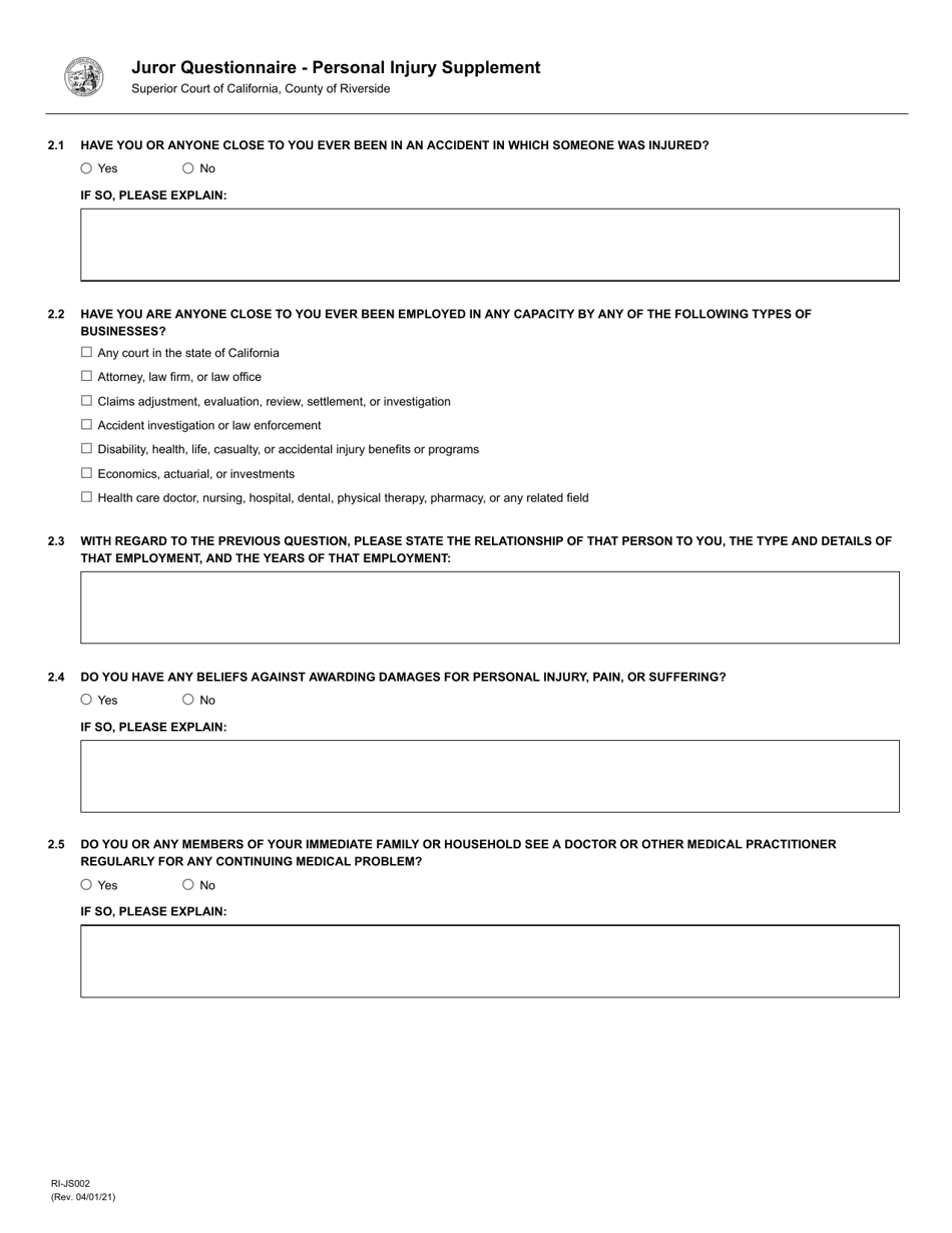 Form RI-JS002 Juror Questionnaire for Civil Cases - County of Riverside, California, Page 7
