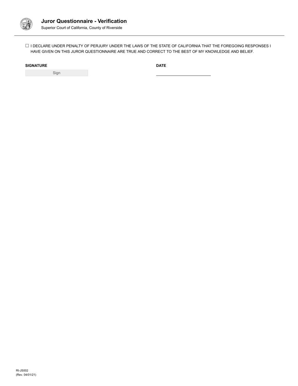 Form RI-JS002 Juror Questionnaire for Civil Cases - County of Riverside, California, Page 8