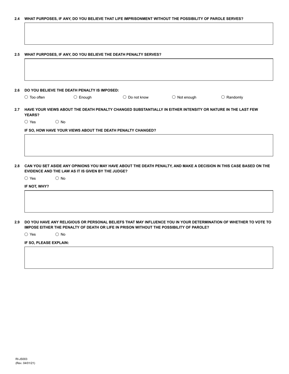 Form RI-JS003 Juror Questionnaire for Criminal Cases - County of Riverside, California, Page 13
