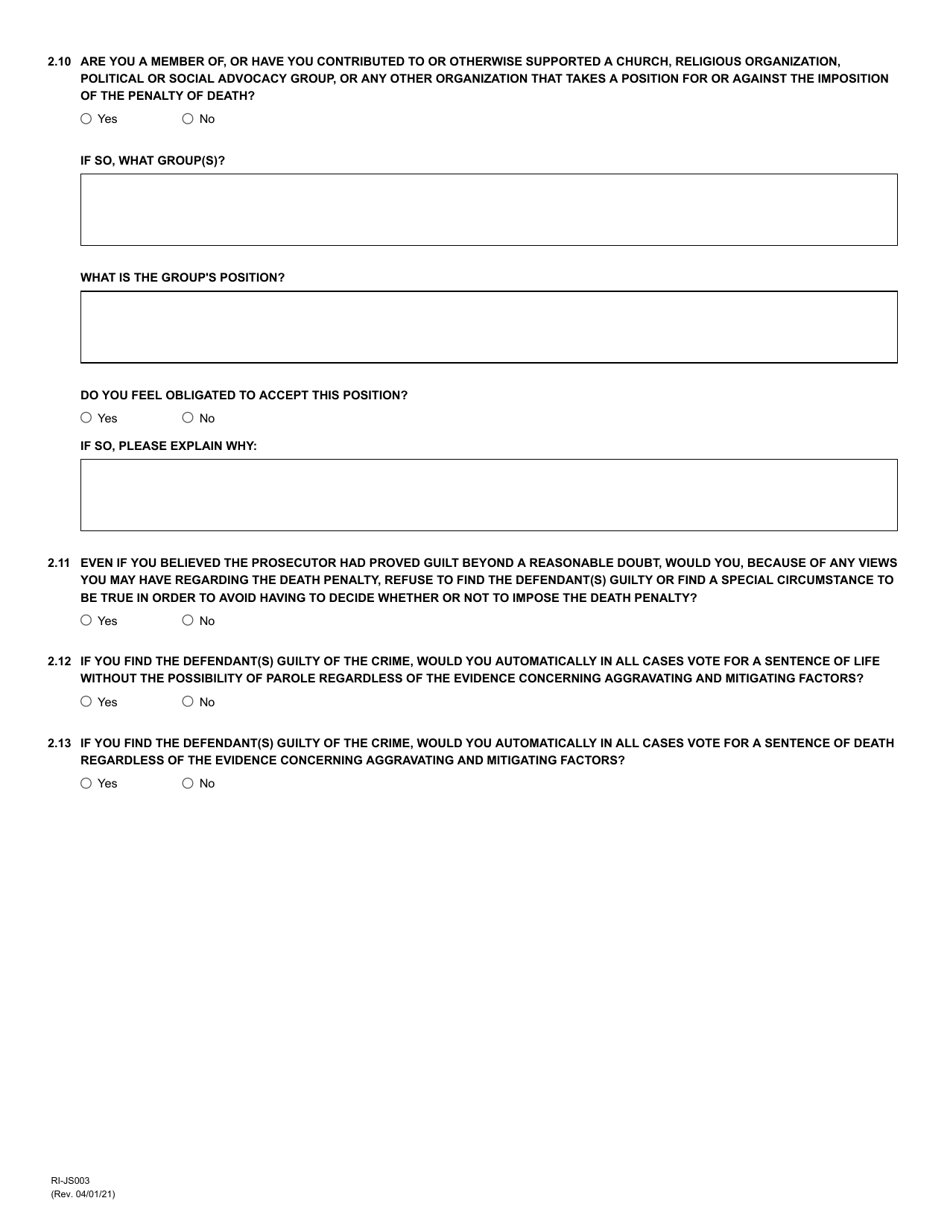 Form RI-JS003 Juror Questionnaire for Criminal Cases - County of Riverside, California, Page 14