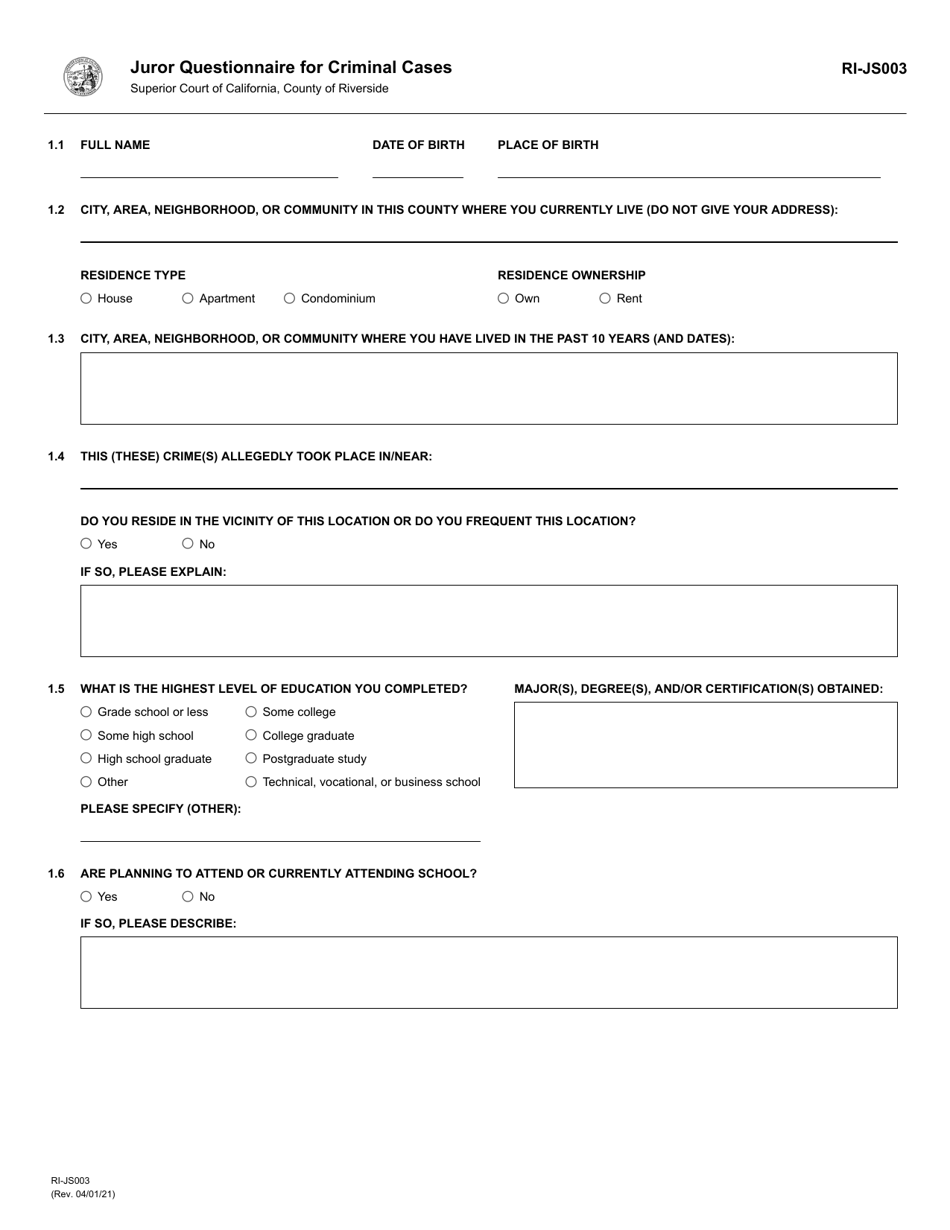Form RI-JS003 Juror Questionnaire for Criminal Cases - County of Riverside, California, Page 1