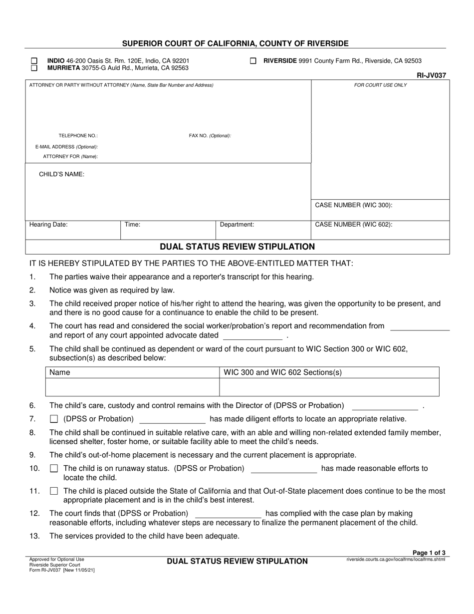 Form RI-JV037 Dual Status Review Stipulation - County of Riverside, California, Page 1