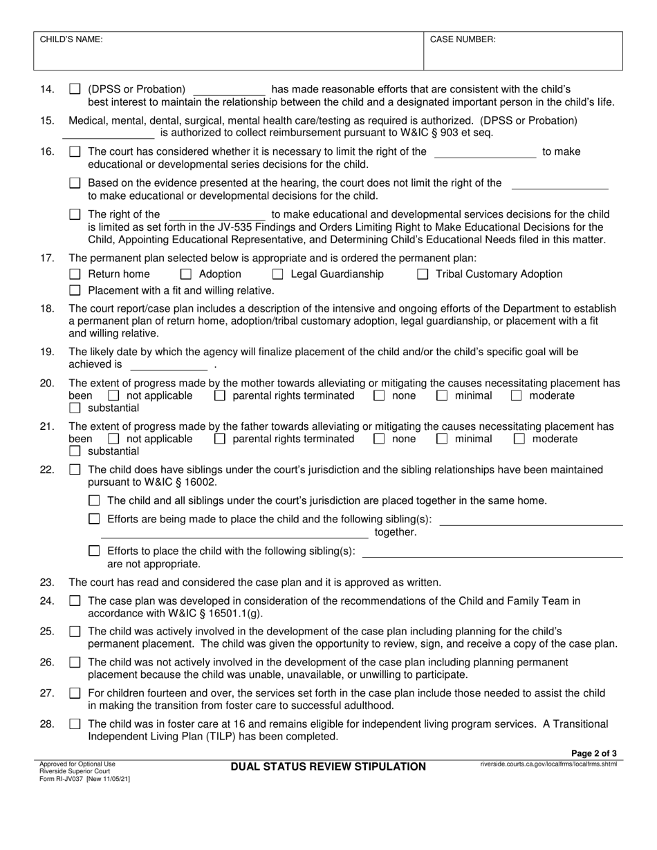 Form RI-JV037 Dual Status Review Stipulation - County of Riverside, California, Page 2