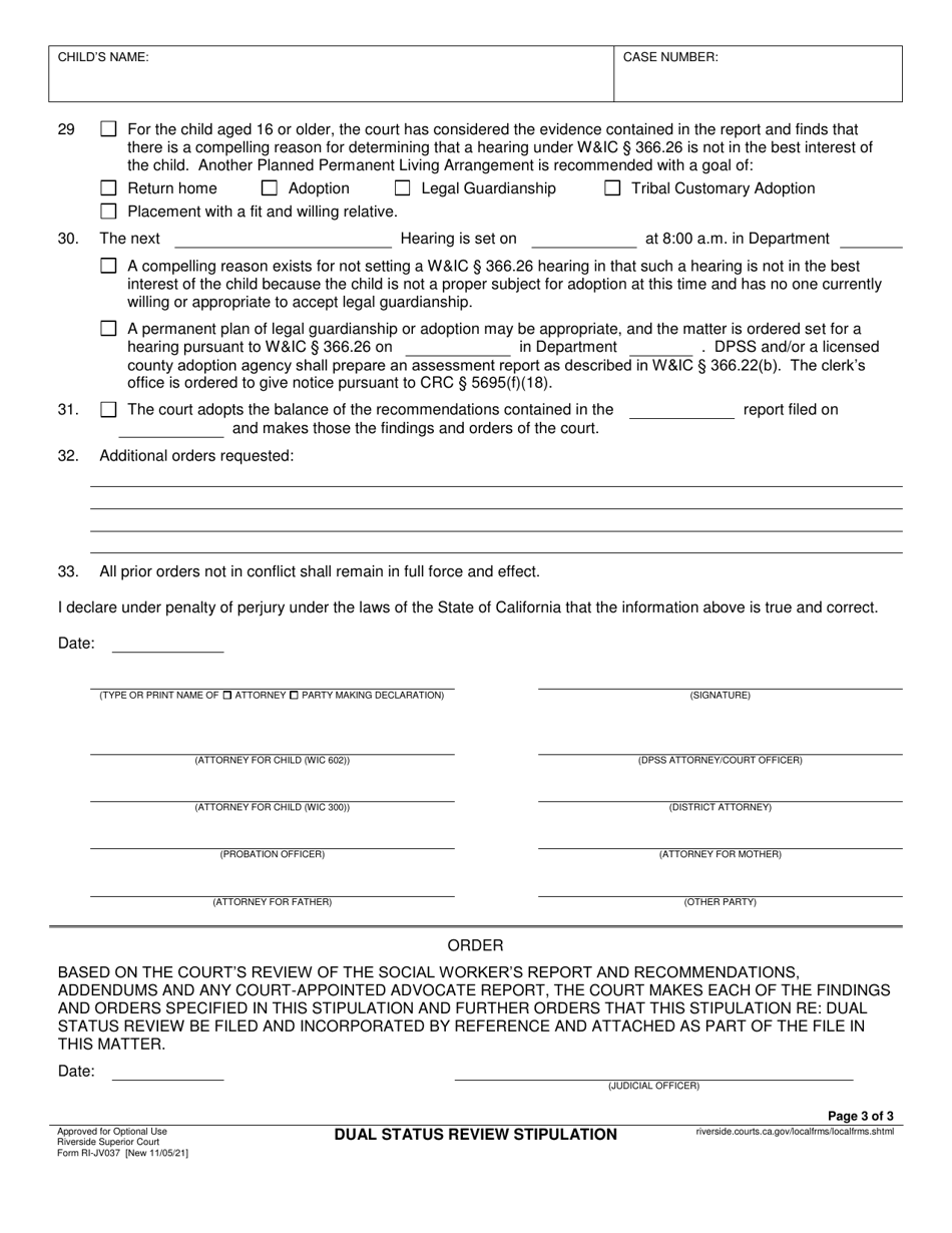 Form RI-JV037 Dual Status Review Stipulation - County of Riverside, California, Page 3