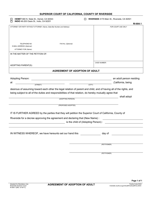 Form RI-804.1 Agreement of Adoption of Adult - County of Riverside, California