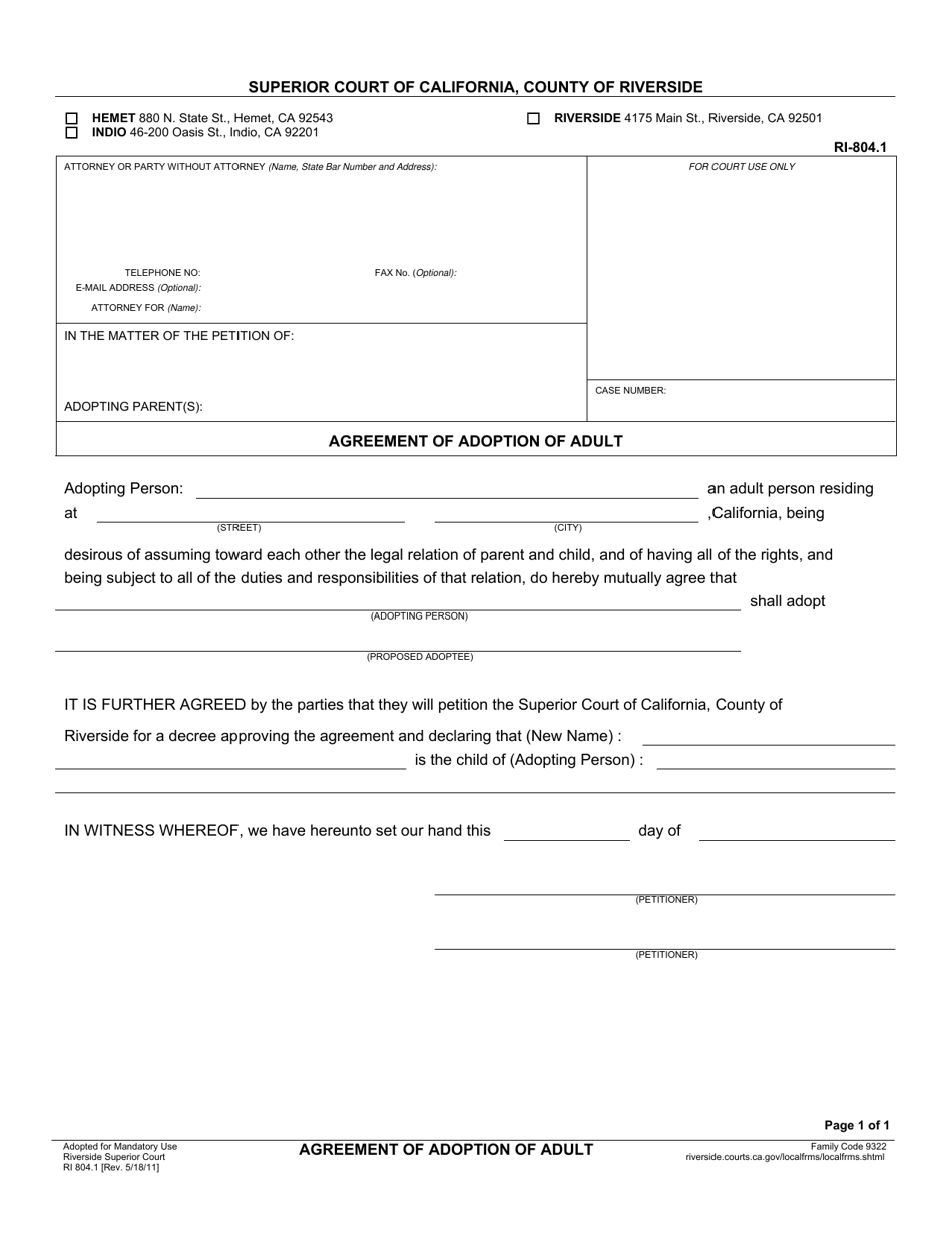 Form RI-804.1 Agreement of Adoption of Adult - County of Riverside, California, Page 1