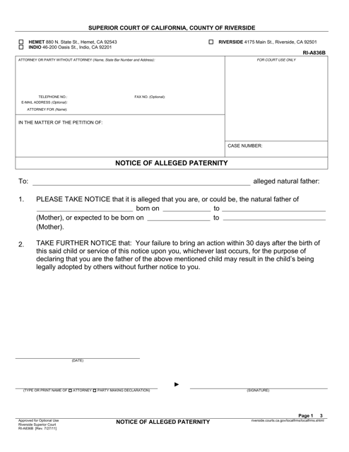 Form RI-A836B Notice of Alleged Paternity - County of Riverside, California