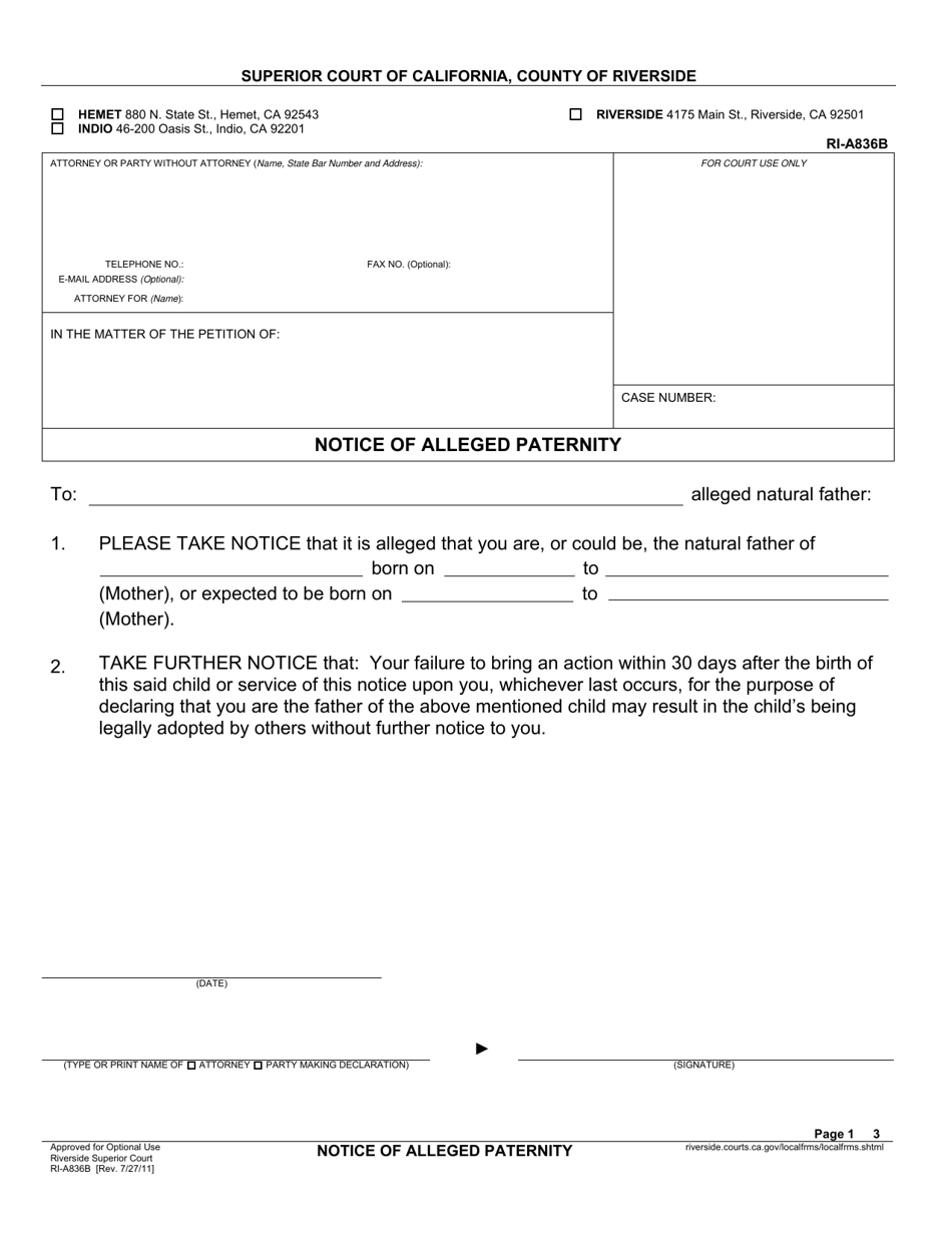 Form RI-A836B Notice of Alleged Paternity - County of Riverside, California, Page 1