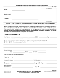 Form RI-JV032 Juvenile Child Custody Recommending Counseling Intake Questionnaire - County of Riverside, California