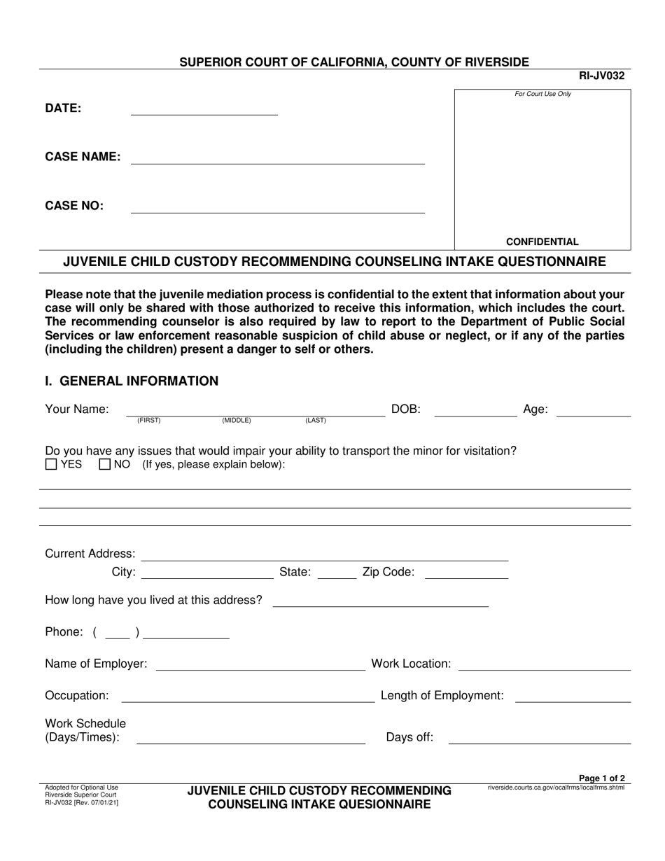 Form RI-JV032 Juvenile Child Custody Recommending Counseling Intake Questionnaire - County of Riverside, California, Page 1