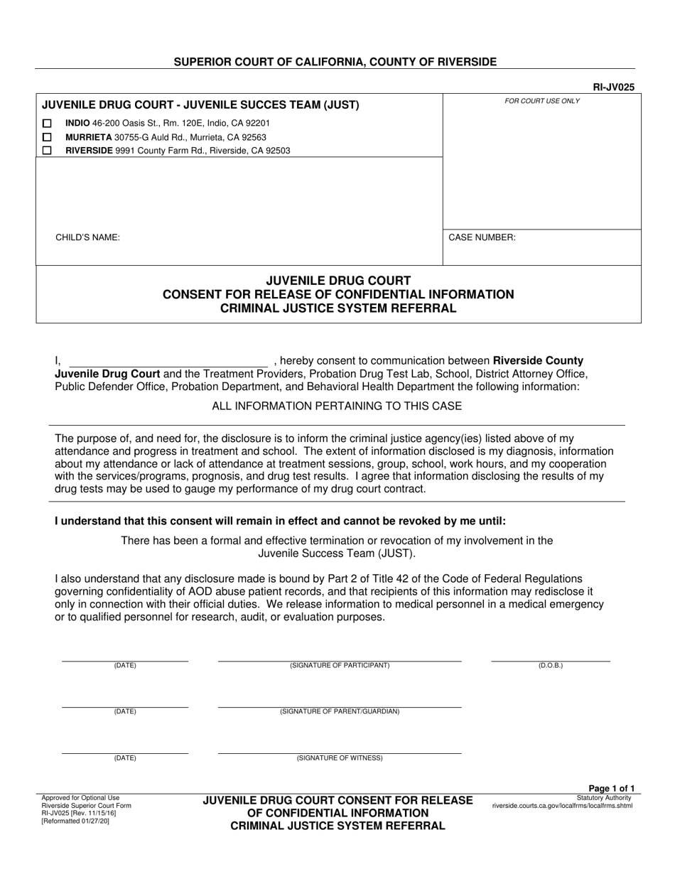Form RI-JV025 Juvenile Drug Court Consent for Release of Confidential Information Criminal Justice System Referral - County of Riverside, California, Page 1