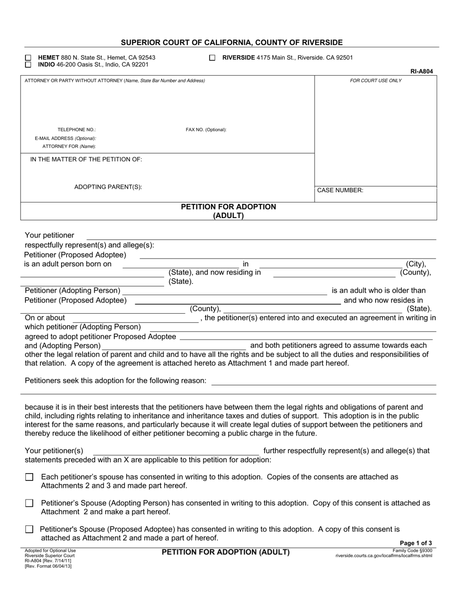 Form RI-A804 Petition for Adoption (Adult) - County of Riverside, California, Page 1