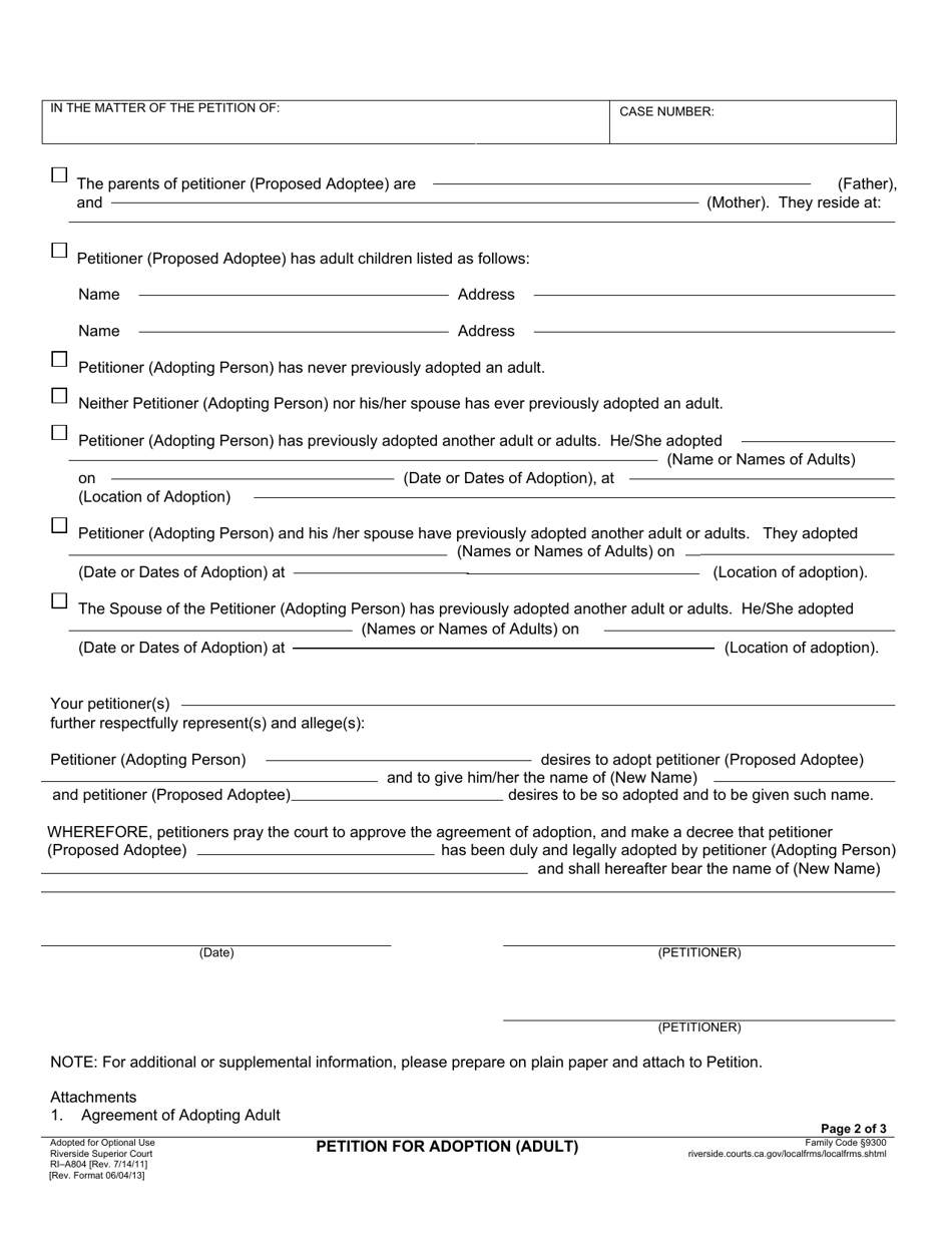 Form RI-A804 Petition for Adoption (Adult) - County of Riverside, California, Page 2