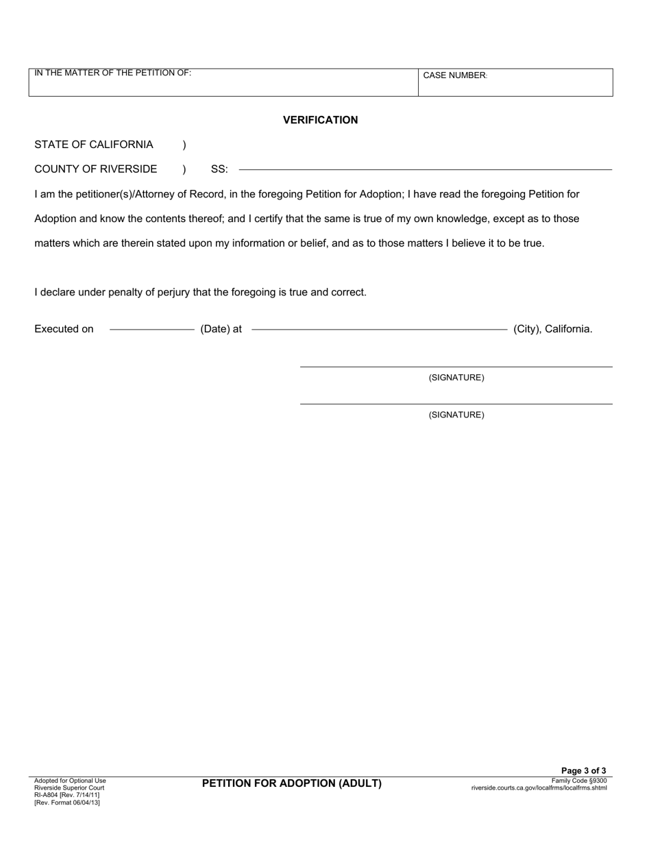 Form RI-A804 Petition for Adoption (Adult) - County of Riverside, California, Page 3