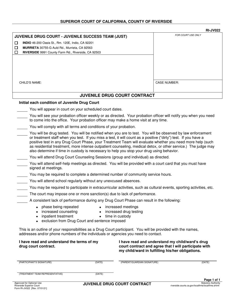 Form RI-JV022 Juvenile Drug Court Contract - County of Riverside, California, Page 1