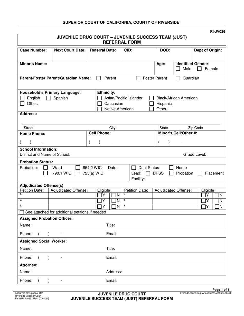 Form RI-JV026 Juvenile Drug Court Referral Form - County of Riverside, California, Page 1