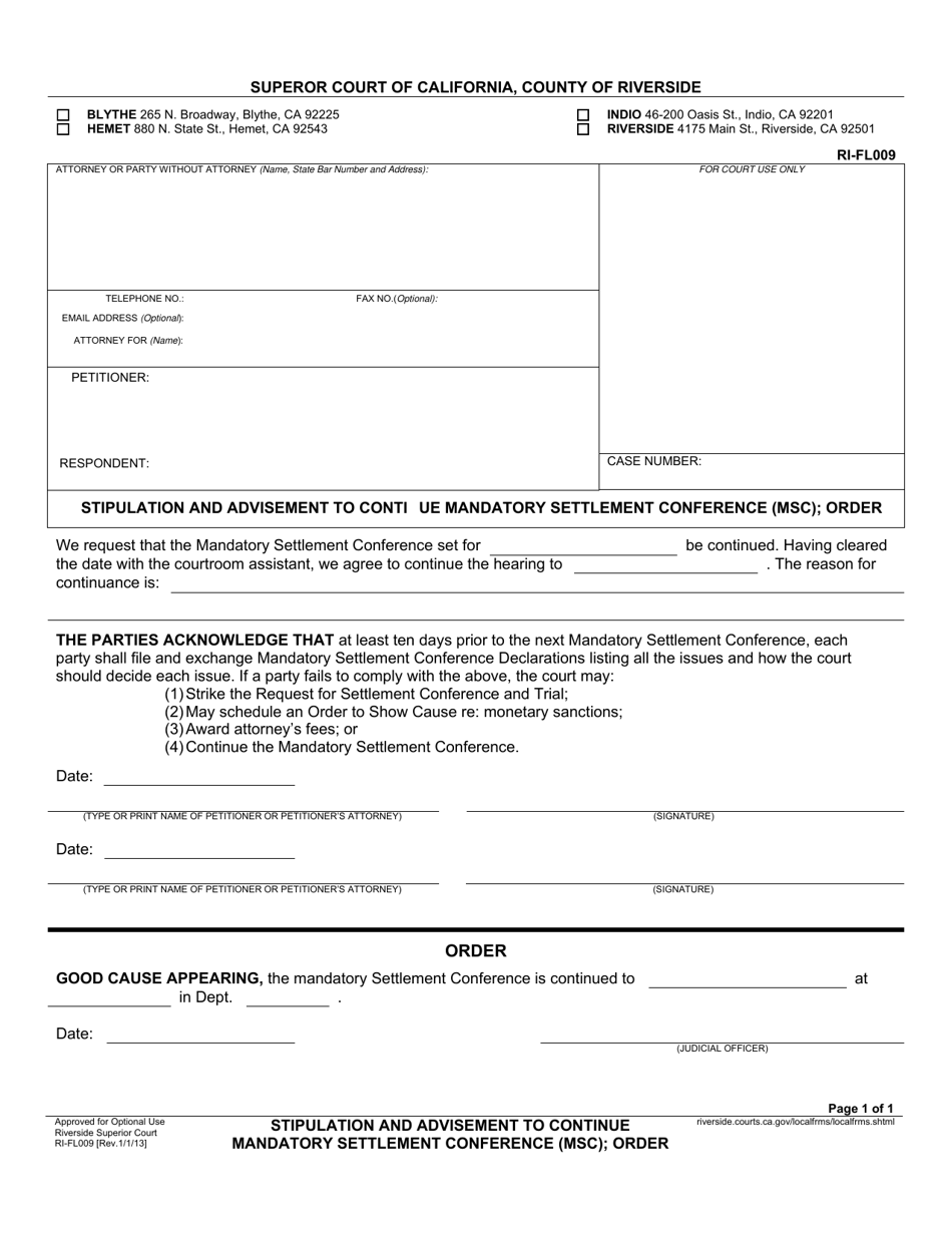 Form RI-FL009 Stipulation and Advisement to Conti1ue Mandatory Settlement Conference (Msc); Order - County of Riverside, California, Page 1