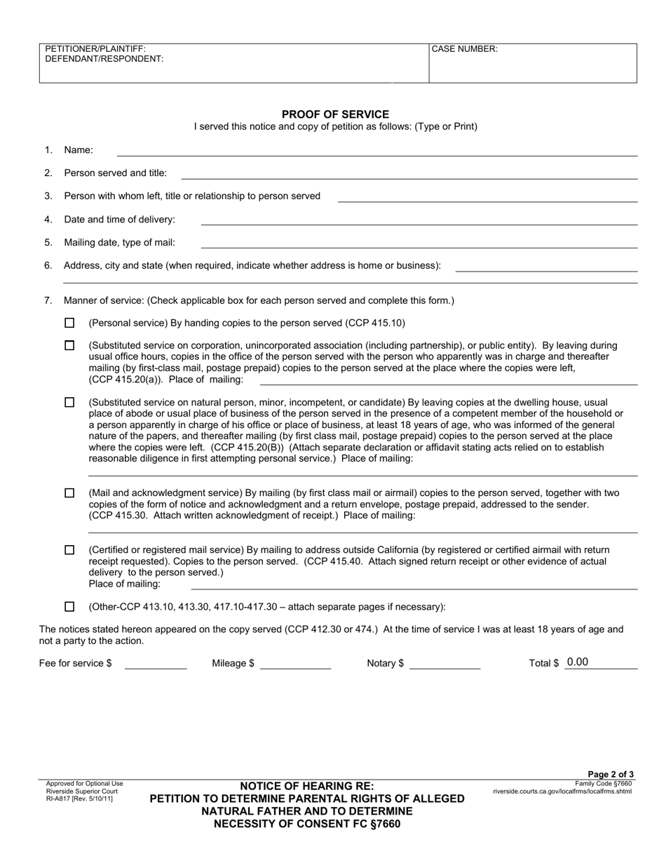 Form RI-A817 Notice of Hearing Re: Petition to Determine Parental Rights of Alleged Natural Father and to Determine Necessity of Consent FC 7660 - County of Riverside, California, Page 2