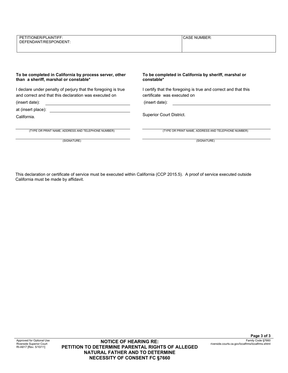 Form RI-A817 Notice of Hearing Re: Petition to Determine Parental Rights of Alleged Natural Father and to Determine Necessity of Consent FC 7660 - County of Riverside, California, Page 3