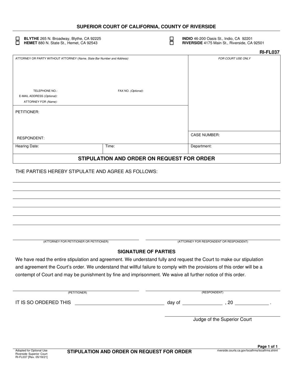 Form RI-FL037 Stipulation and Order on Request for Order - County of Riverside, California, Page 1