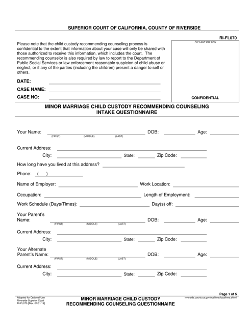Form RI-FL070 Minor Marriage Child Custody Recommending Counseling Intake Questionnaire - County of Riverside, California