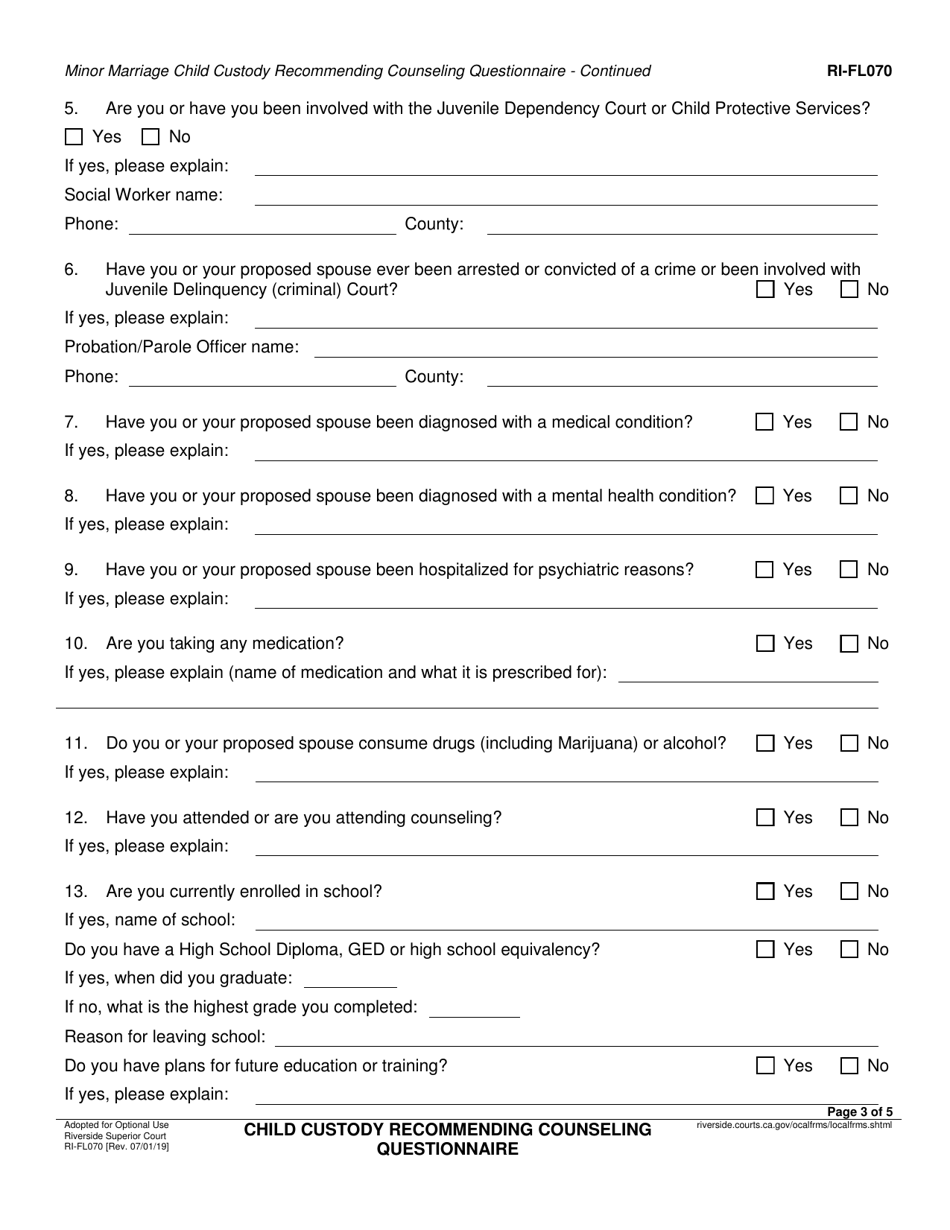 Form RI-FL070 Minor Marriage Child Custody Recommending Counseling Intake Questionnaire - County of Riverside, California, Page 3