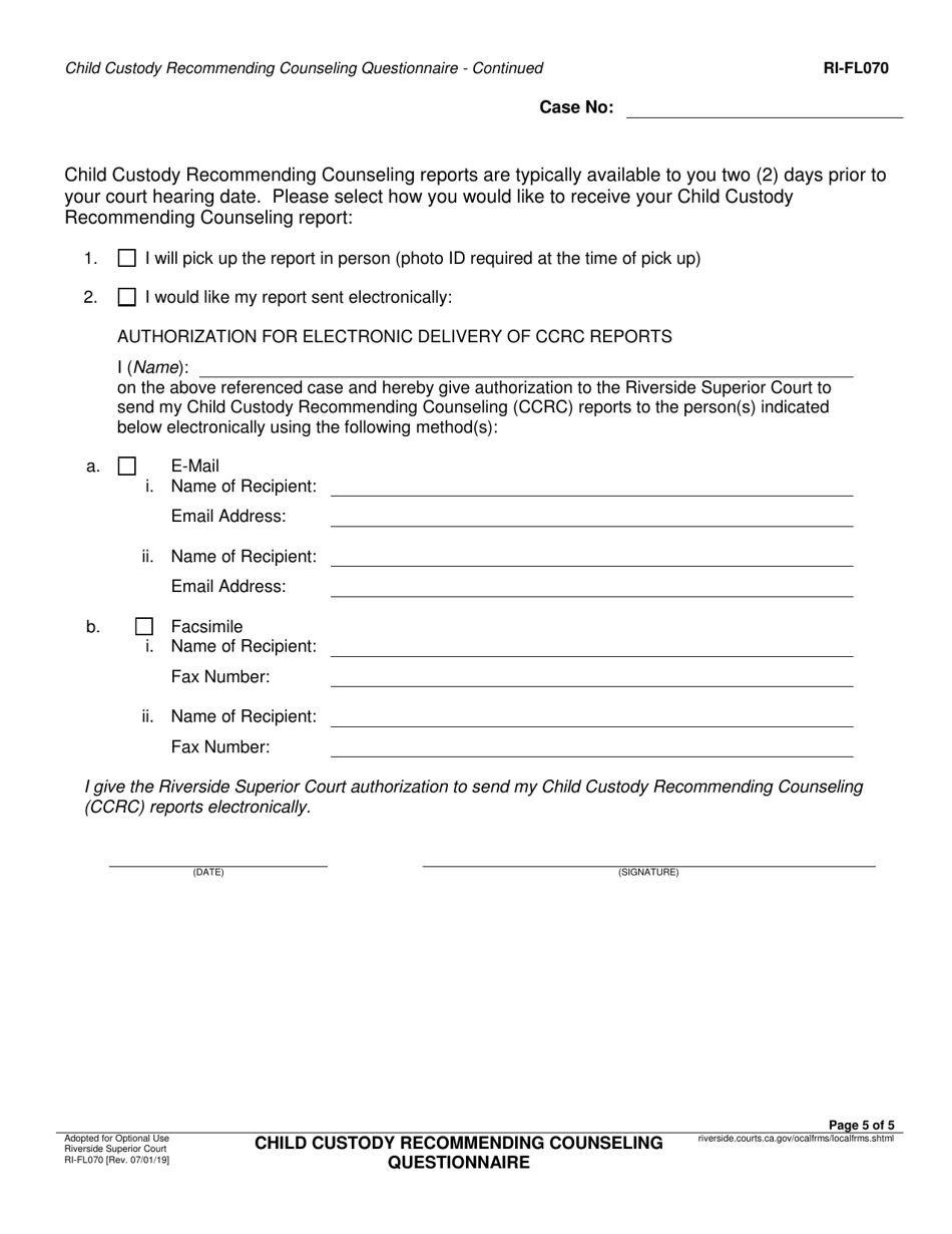 Form RI-FL070 Minor Marriage Child Custody Recommending Counseling Intake Questionnaire - County of Riverside, California, Page 5