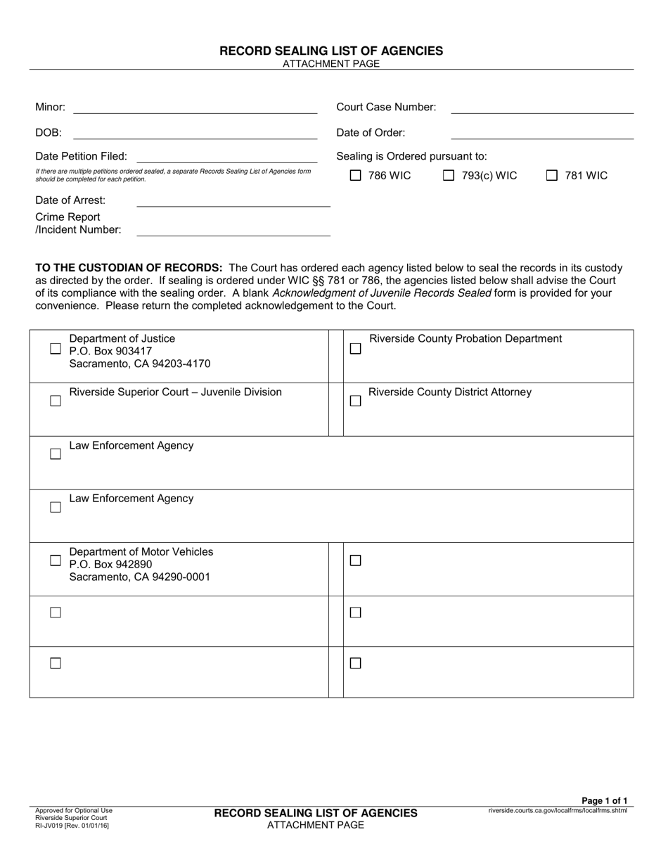 Form RI-JV019 Record Sealing List of Agencies - County of Riverside, California, Page 1