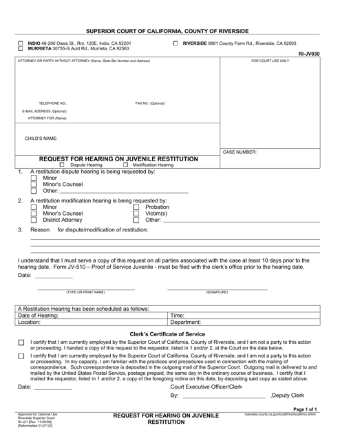 Form RI-JV030 Request for Hearing on Juvenile Restitution - County of Riverside, California