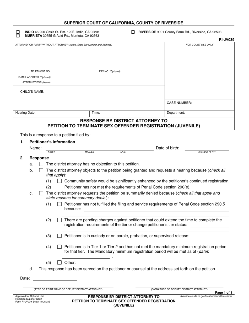 Form RI-JV039 Response by District Attorney to Petition to Terminate Sex Offender Registration (Juvenile) - County of Riverside, California, Page 1