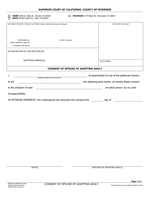 Form RI-804.2 Consent of Spouse of Adopting Adult - County of Riverside, California