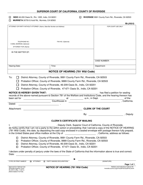 Form RI-JV013 Notice of Hearing (781 W&i Code) - County of Riverside, California