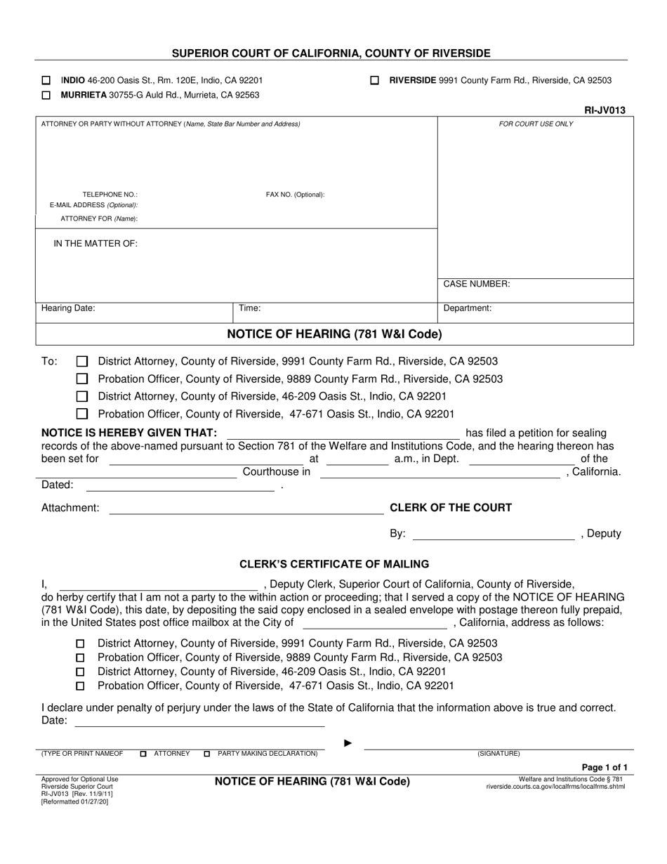 Form RI-JV013 Notice of Hearing (781 Wi Code) - County of Riverside, California, Page 1