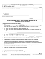 Form RI-A816 Petition to Determine Parental Rights of Alleged Natural Father and to Determine Necessity of Consent - County of Riverside, California