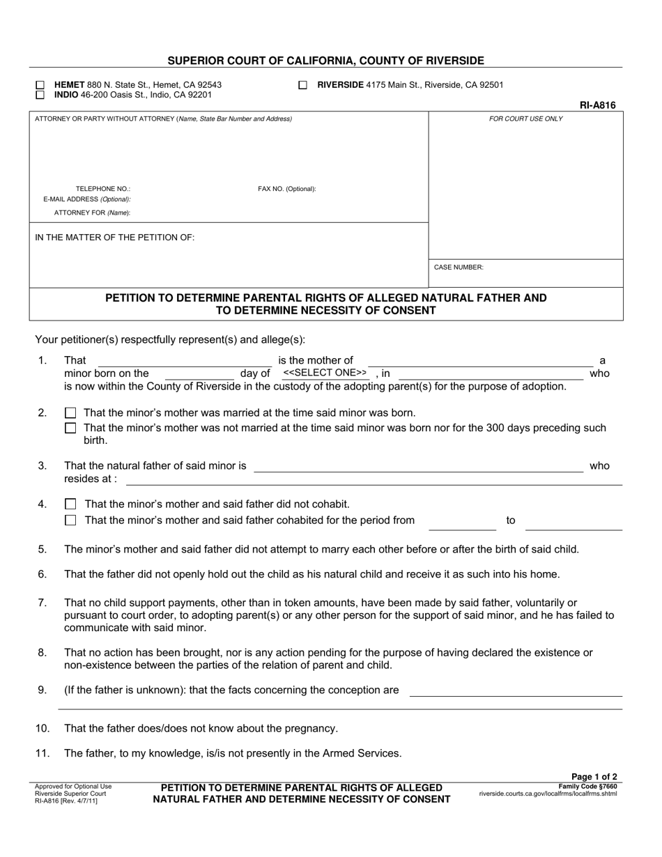 Form RI-A816 Petition to Determine Parental Rights of Alleged Natural Father and to Determine Necessity of Consent - County of Riverside, California, Page 1