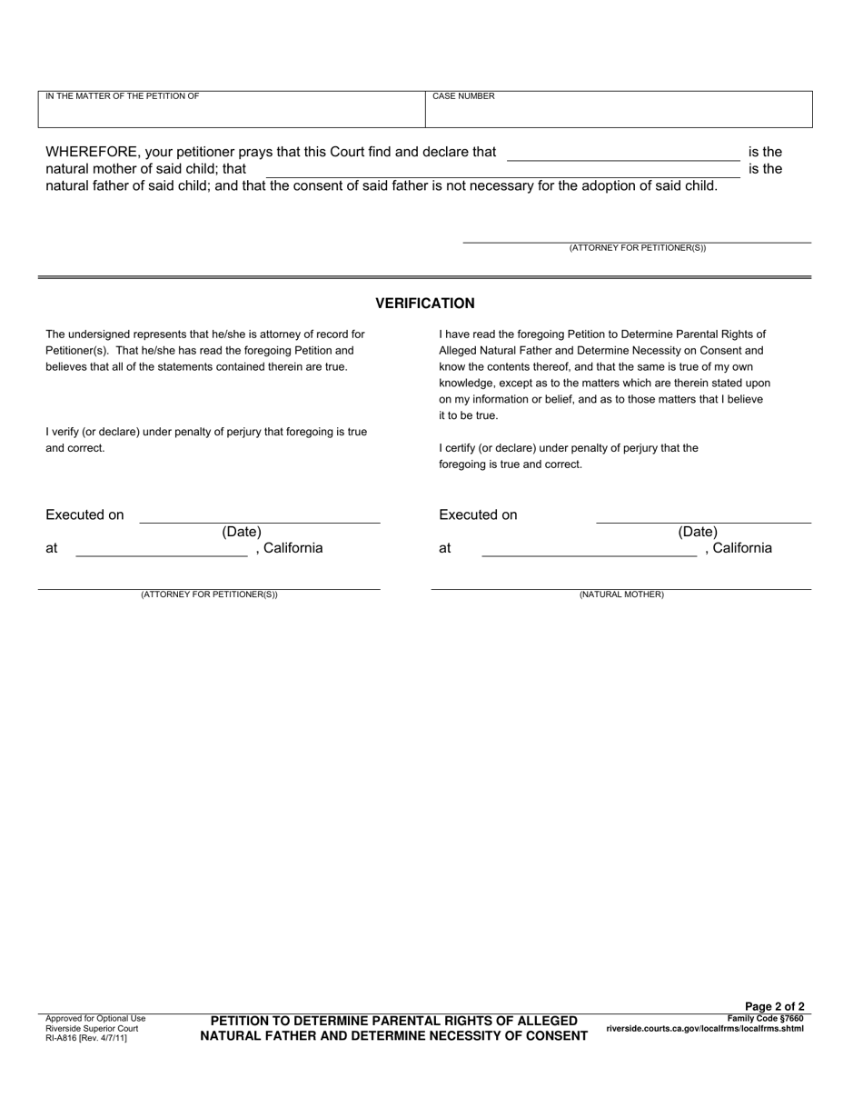 Form RI-A816 Petition to Determine Parental Rights of Alleged Natural Father and to Determine Necessity of Consent - County of Riverside, California, Page 2