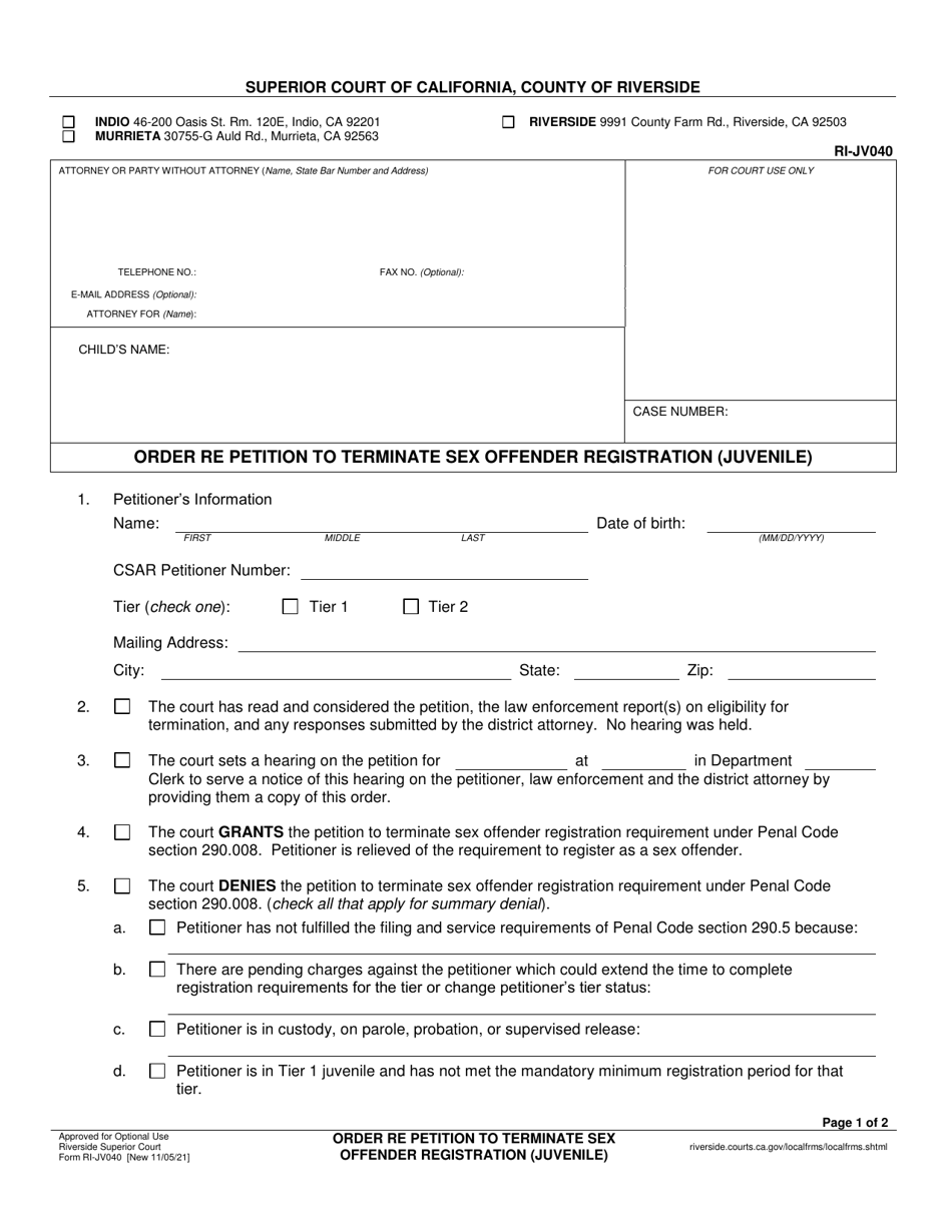 Form RI-JV040 Order Re Petition to Terminate Sex Offender Registration (Juvenile) - County of Riverside, California, Page 1