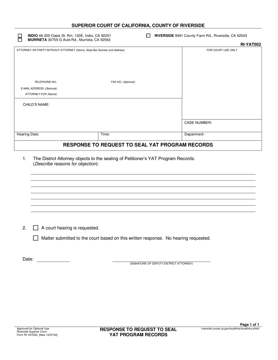 Form RI-YAT002 Response to Request to Seal Yat Program Records - County of Riverside, California, Page 1