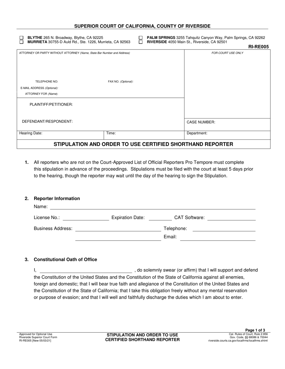 Form RI-RE005 Stipulation and Order to Use Certified Shorthand Reporter - County of Riverside, California, Page 1