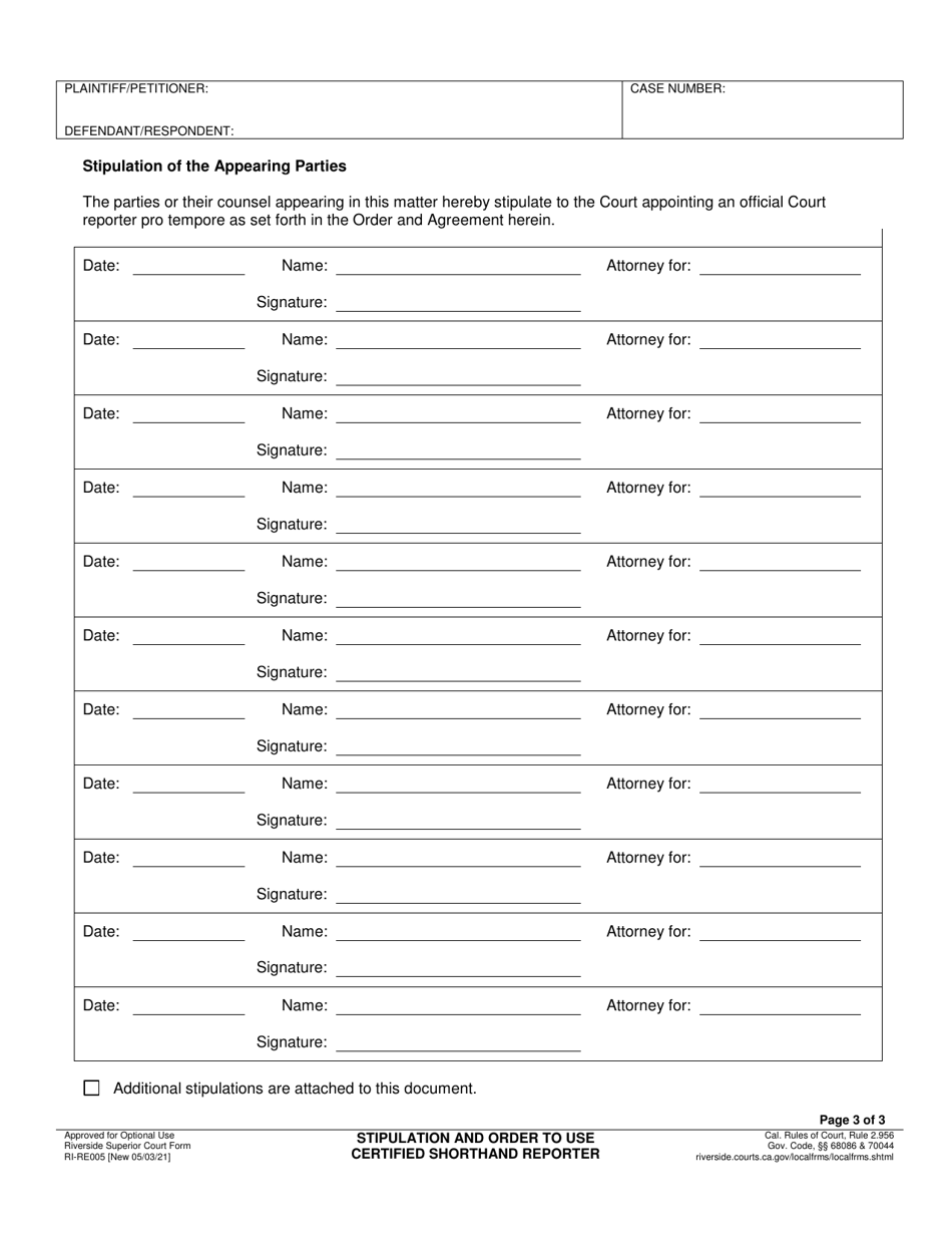Form RI-RE005 Stipulation and Order to Use Certified Shorthand Reporter - County of Riverside, California, Page 3