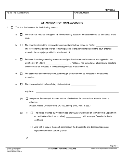 Form RI-PR033A Attachment for Final Accounts - County of Riverside, California