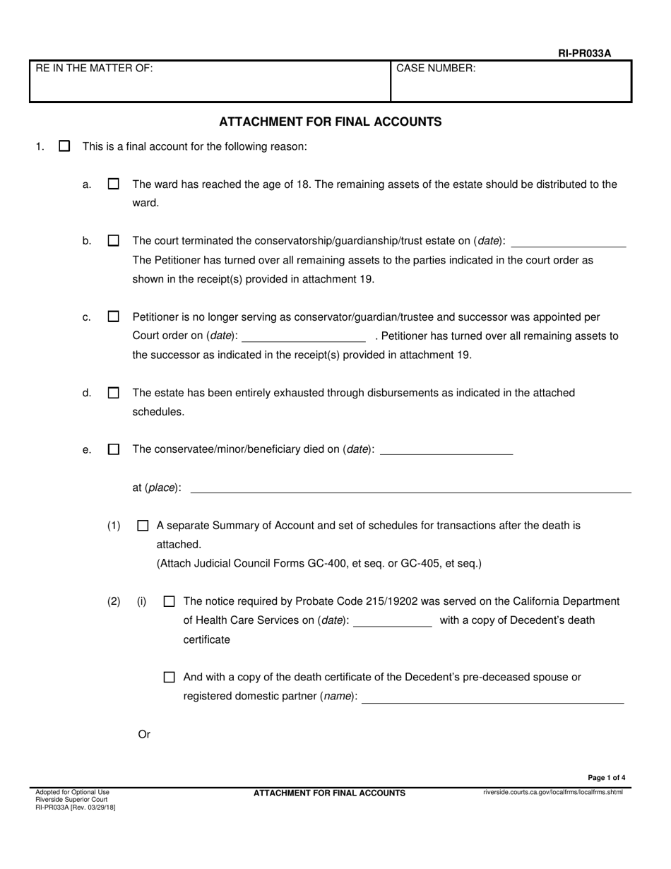 Form RI-PR033A Attachment for Final Accounts - County of Riverside, California, Page 1
