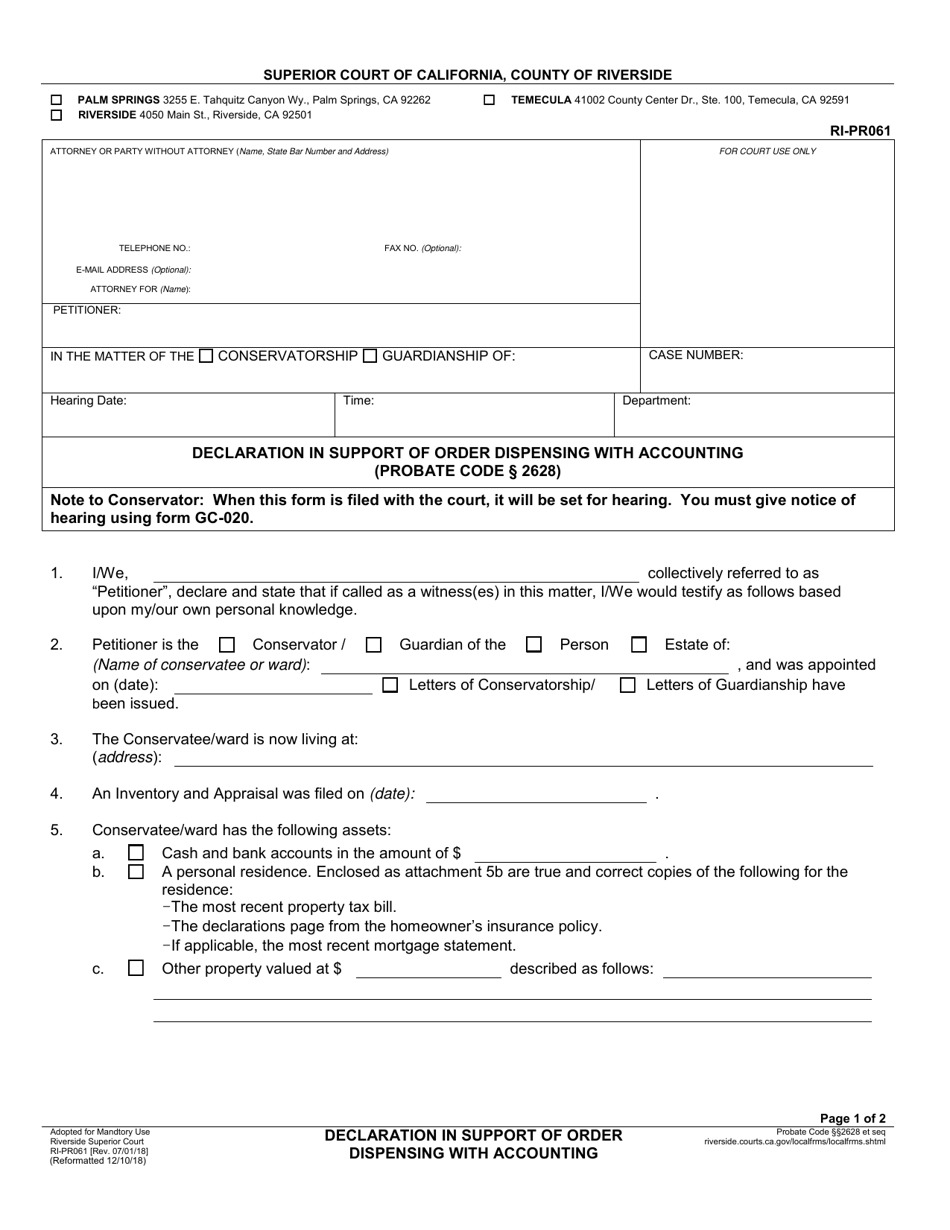 Form RI-PR061 Declaration in Support of Order Dispensing With Accounting - County of Riverside, California, Page 1